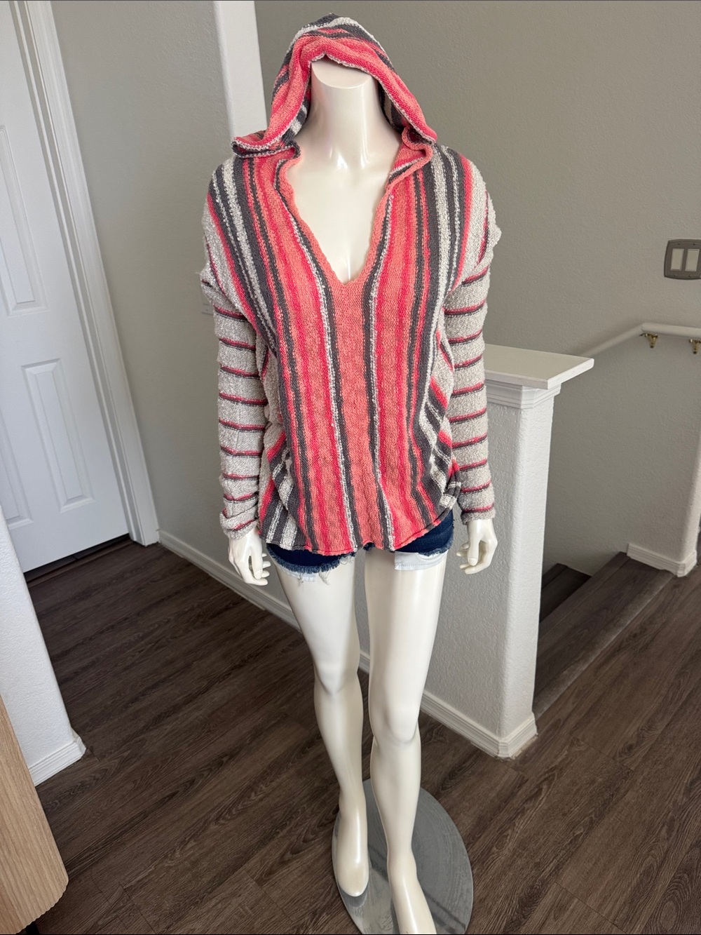 Roxy Coral and Gray Striped Hooded V-Neck Pullover